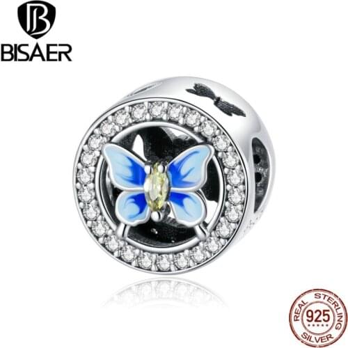 BISAER Colorful Butterfly 925 Sterling Silver Charms Fit Bracelets DIY For Women Jewelry Fine Accessories ECC1682