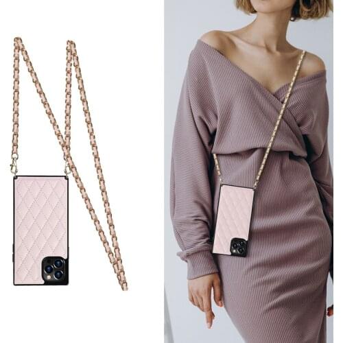 For iPhone 12 Mini 11 Pro Xs Max Xr X 7 8 6 6s Plus SE2 Case Cover Fashion Lattice PU Leather Shoulder Strap Phone Bag Capa Fu