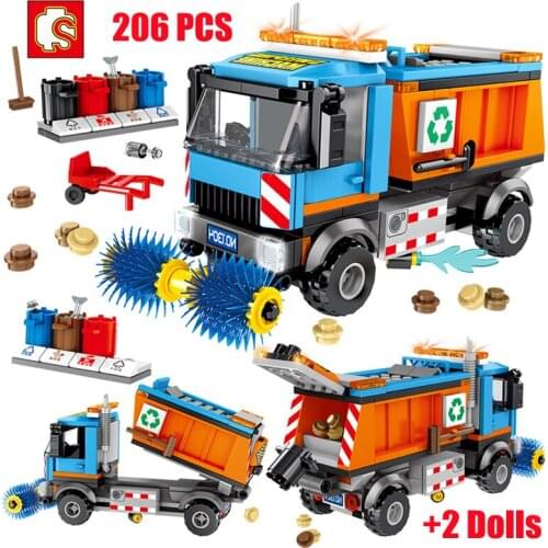 SEMBO City Street View Sanitation Cleaning Vehicle Pizza Takeaway Car Building Blocks Rubbish Truck Bricks DIY Toys For Children