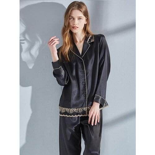 16 Momme Real Silk Pajamas Set Women Black Lace Edged Pyjama Set Femme Sleep Lounge Bedgown 100% Hangzhou Silk Sleepwear Pijama