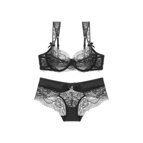 Women Sexy Bra Set Plus Size Ultrathin Underwear Sets Transparent Lace Sleepwear Lingerie Embroidery Push Up Bra & Brief Set