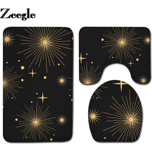 Star Printing Bathroom Carpet Rug Flannel Bath Mat Shower Room Decor Absorbent U-Shaped Toilet Rug and Non-slip Floor Carpet Set