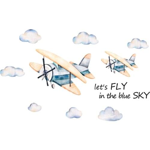 Cartoon cloud airplane wall stickers kids rooms bedroom living room decoration mural for home decor stickers aircraft wallpaper