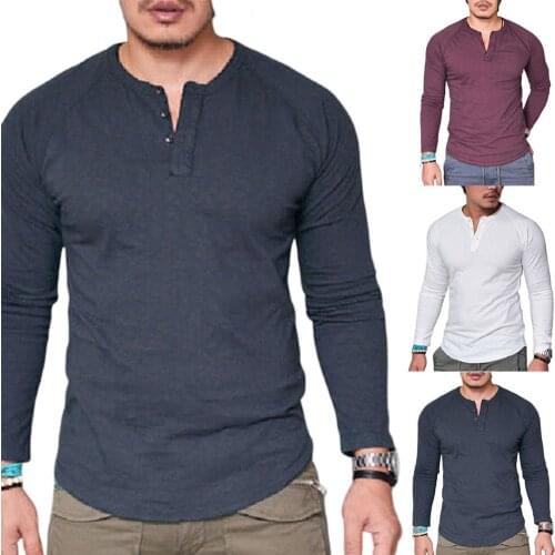 Men T Shirt Casual Solid Color O Neck Long Sleeve Buttons Plus Size Slim Blouse T-shirt Mens Fitness Streetwear