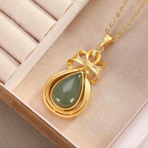 Natural S925 Sterling Silver Gold Natural Hetian Jade Gray Jade Retro Temperament Drop-Shaped Womens Necklace Pendant Necklace