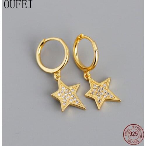 OUFEI100% 925 Sterling Silver Earrings Asymmetric Pentagram Rhinestone Earrings For Women Delicate Drop Earrings Jewelry