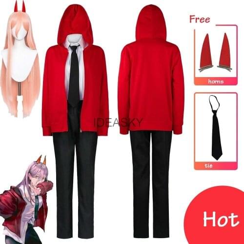 Anime Chainsaw Man Power Makima Cosplay Costume Wig Red Jacket Hoodie Horns Hair Clip Contacts Halloween Party Outfit Women girl