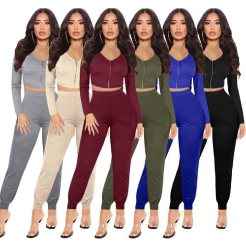 Casual Solid Sportswear Fitness Tracksuit Women Sexy Zipper V Neck Crop Top + Sweatpants Slim Two Piece Set Jogger Femee Outfits