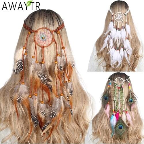Fashion Boho Hairband Feather Headband for Woman Elastic Hair Accessories Girls Dreamcatcher Peacock Feather Ladies Flower Band