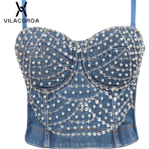 Beaded Tube Top Denim Corset Top Women Pearl Stitching Gorgeous Slim Party Camis Sling Backless Crop Tops Female Luxury Corsets