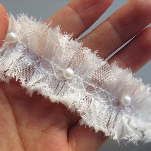 1yard Frayed Chiffon Pleated Gathered Pearl Lace Ruffle Trim Ribbon Fabric DIY Wedding Dress Sewing Supplies Craft 30mm wide