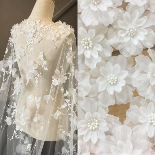 100 pieces Off White 3D Pearl Beaded Flower Lace Applique, Blossom Patch Motif for Wedding Veil Bridal Headpiece Hair Flowers 8