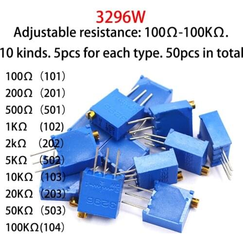 50Pcs/Lot 3296W Multiturn Trimmer Potentiometer Kit High Precision 3296 Variable Resistor 500Ω 1K 2K 5K 10K 20K 50K 100K 200K 1M