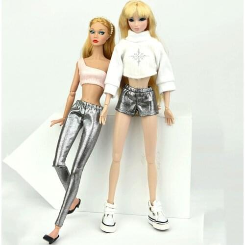 Metallic Silver Gold Fake Leather Bottoms Trousers Long Pants For Barbie Doll Clothes Fashion Trousers For 1/6 Doll Accessories