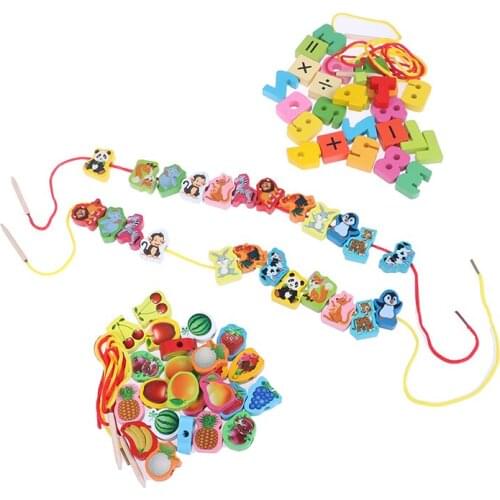 Baby DIY Toy Cartoon Fruit Animal Stringing Threading Wooden Beads Toy Educational For Children Wooden Toys