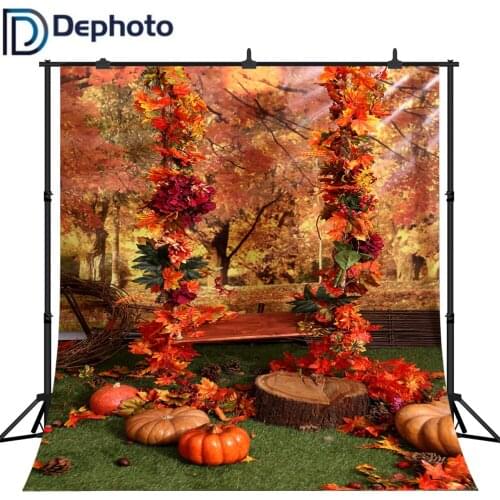 Dephoto Photographic Halloween Backdrops Printed Maple Leaves Autumn Scenery Pumpkins Newborn Baby Kids Swing Photo Backgrounds