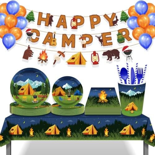 Cool Outdoor Camping Barbecue Picnic Party Disposable Tableware Sets Plates Cups Balloons Globos Birthday Party Decorations