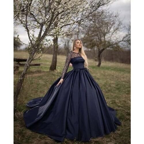 New Arrival Illusion O Neck Lace Long Sleeve Pleated Ball Gown Princess Dark Navy Quinceanera Dresses