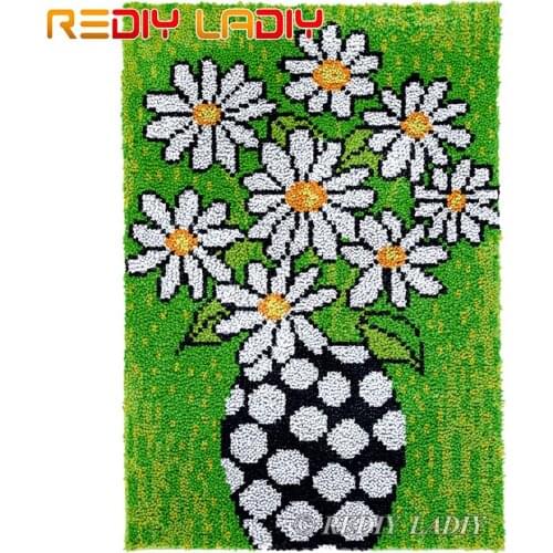 Latch Hook Kits Daisies with Vase DIY Carpet Rug Lush Tapestry Kits Chunky Yarn Knitted Floor Mat Crochet Cushion Crafts 57*87cm