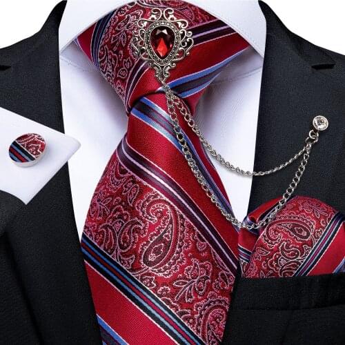 Fashion Silk Ties For Men Luxury Red Brooch 100% Silk Business Wedding Necktie Pocket Square Gift For Men Dropshipping DiBanGu