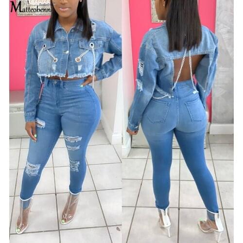 Sexy Ripped Cropped Jean Jacket Women Autumn Chain Long Sleeve Denim Jacket Streetwear Short Denim Coat Lady Backless Outerwear