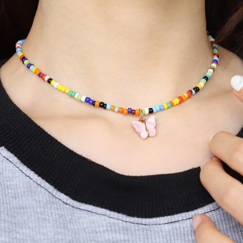 Simple Seed Beads Strand Necklace Women String Beaded Short Choker Necklace Jewelry Butterfly Pendant Chokers Necklace Gift 1pc