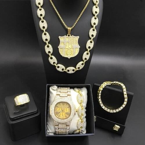 Luxury Men Gold Color Watch & Neckacle & Braclete & Ring & Earrings Combo Set Ice Out Cuban Jewerly In Crystal Neckalce For Men