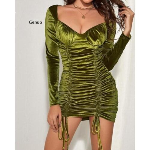 Corduroy Drawstring Dress 2021 French Pleated Sexy Hip Skirt Fashion Holiday Style Spring and Autumn Short Skirt Women Dresses