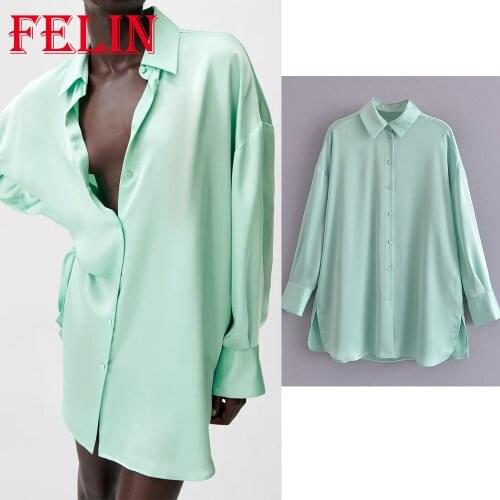 Women Stylish Mint Green Silk Stain Oversized Long Shirts Za 2021 Single Button Long Sleeve Summer Blouses Chic Elegant Tops