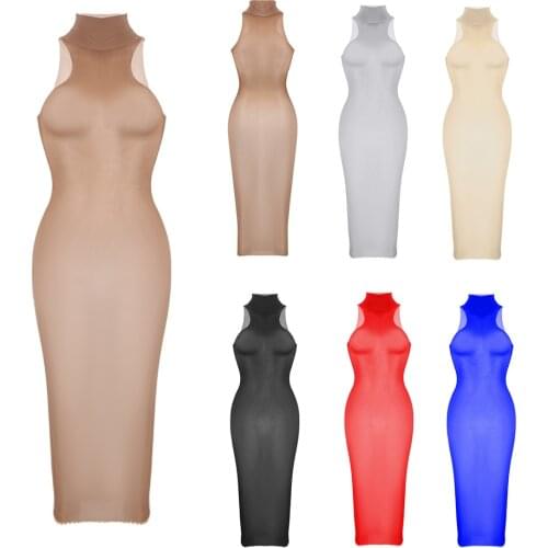 Womens Sexy Dresses Ultra-thin Silky See Through Sheer Dress Ladies Bodycon Sleeveless Midi Bodycon Stocking Dress