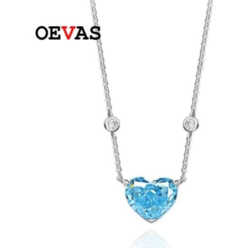 OEVAS 100% 925 Sterling Silver 10*12mm Aquamarine High Carbon Diamond Ice Flower Cut Pendant Necklace For Women Fine Jewelry