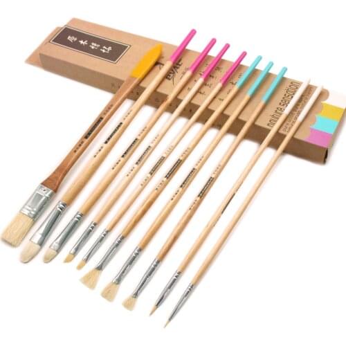 Eval 10pcs Paint Brush Acrylic Bristle Hog Hair Oil Paint Brush Set Wood Handle Artist Painting Brushes