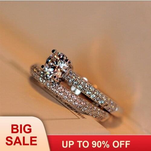 2016 hot fashion new style real 5A Zircon stone Silver color 2-in-1 Engagement Wedding Ring Set for women Size 4-11