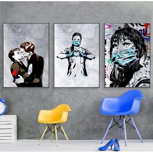 Banksy Street Graffiti Nurse Art Kiss Print Pictures Abstract Canvas Painting Black White Wall Art Posters Livingroom Home Decor