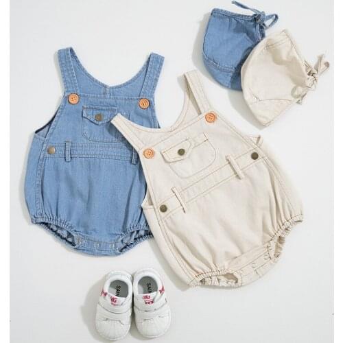 Dojhonkids High Quality Denim Romper for Baby Girls Boys 2pcs Strap Romper+Hat Toddler Romper Sleeveless Summer Children Clothes