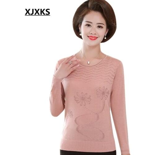 XJXKS Mother Autumn Middle-aged Women Sweaters Fashion Jumper Plus Size Bottoming Pullover Sweater Women Tops