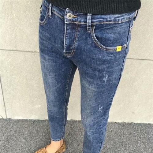 Wholesale 2021Slim-fit denim trousers small feet mens fashion handsome social spirit guy blue all-match cropped pencil trousers