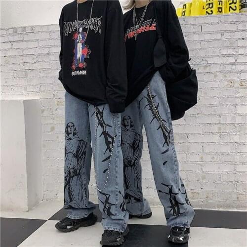 2021 Summer New Style Retro Fashion ins Hip-Hop Print Washed Jeans Loose Casual Denim Wide-Leg Pants Trendy Womens Streetwear