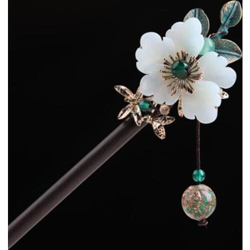 Ethnic Chinese Style Chopsticks Hair Sticks Flower Bun Holder With Green Stone Wooden Hairpins For Women Female Head Decorations