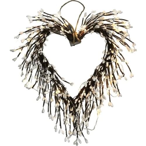 Cane Ring Door Hanging 20 White Berry Wreaths Heart Shape With Lights Artificial Flower Christmas Thanksgiving Window Decoration