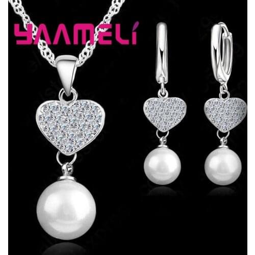 925 Sterling Silver Necklace Earrings Set Heart Shape Sagging White Stone Cubic Zirconia For Women Wedding Gift