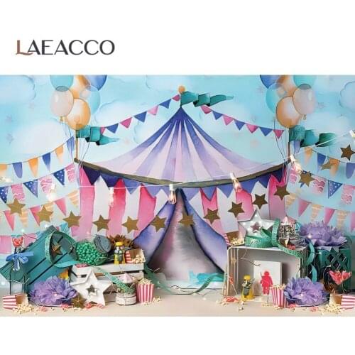 Laeacco Watercolor Baby Birthday Party Amusement Tent Balloons Toys Photophone Portrait Photo Background Photographic Backdrop
