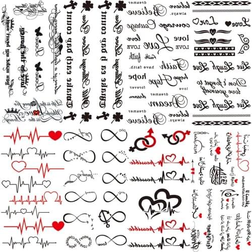 Small Words Fake Temporary Tattoo For Kids Women Girls Letter Endless Tattoos Cute Heart Chains Waterproof Tatoo Body Finger Ear