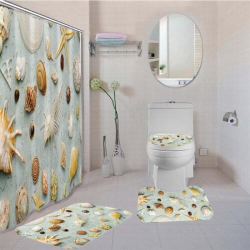 Fashion Summer Beach Holiday Bath Curtain Set Ocean Shell Starfish Print Shower Curtain Toilet Lid Cover Anti Slip Bathroom Rugs