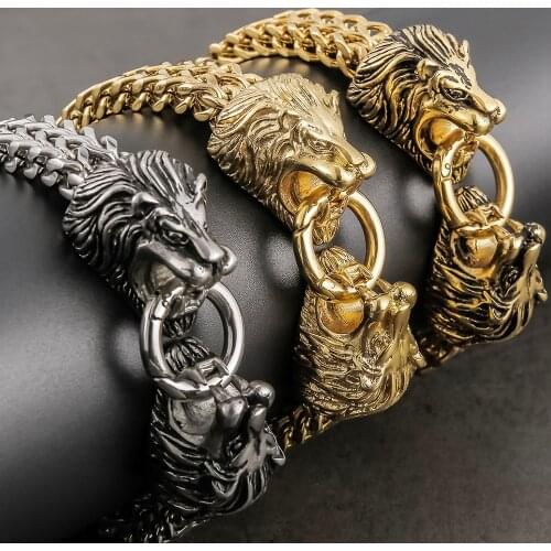 Hiphop Cool Lion Head Bracelet Men Figaro Chain Mens Bracelets Heavy Solid Stainless Steel Mens Cuff Jewelry Bangles Drop Ship