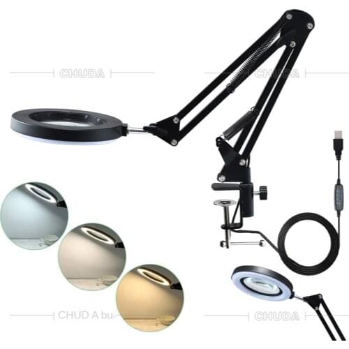 Foldable Professional Magnifying 155MM Glass Desk Lamp Magnifier LED Light Reading Lamp with Three Dimming Modes USB