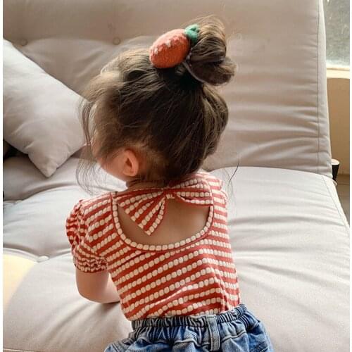 2021 Summer New Korean Style Baby Girls Striped T-shirts Bowknot Backless Puff Sleeve Tops Toddlers Kids Tees