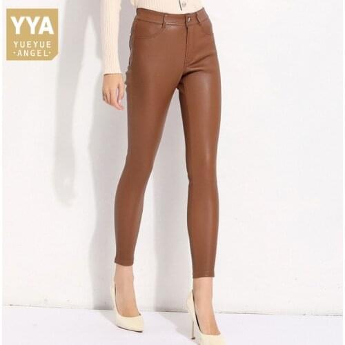 New High Street Women Stretchy Skinny Genuine Leather Pencil Pants Solid Elastic Waist Top Quality 100% Real Sheepskin Trousers