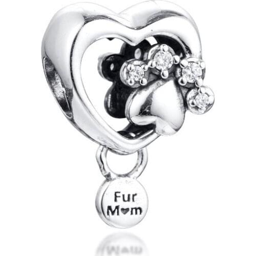 Sparkling Paw Print & Heart Charm Original 925 Silver Jewelry Fits Snake Chian Bracelets For Woman DIY Beads For Jewelry Making