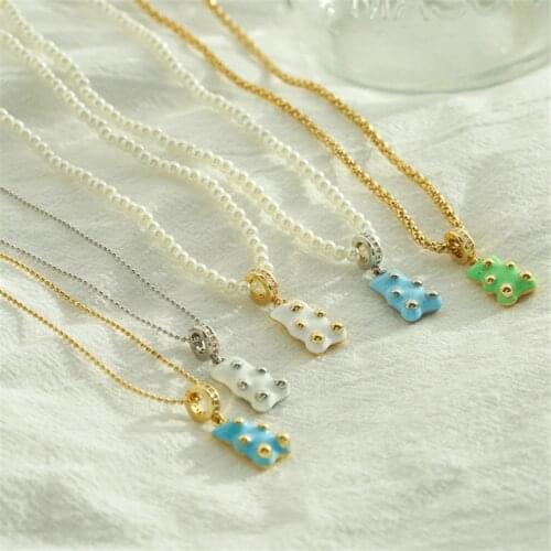 SRCOI Candy Color Enamel Bear Necklace Pendant Cute Dripping oil Animals Charm Beaed Ball Chain Necklace For Women Special Gift